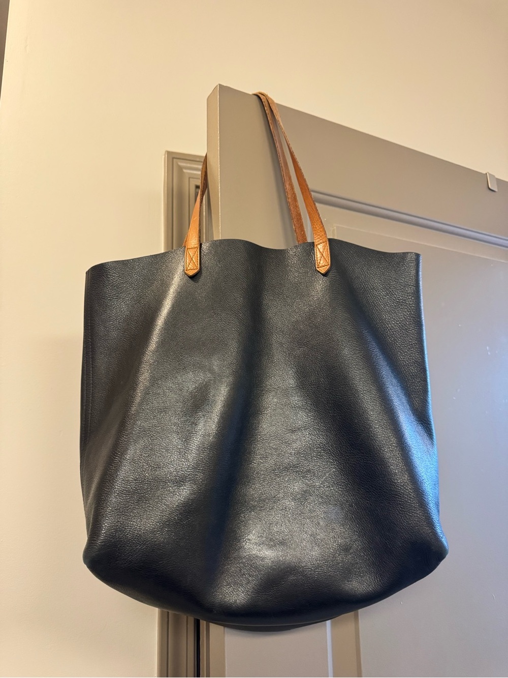 Madewell Black Leather Tote with Tan Shoulder Straps